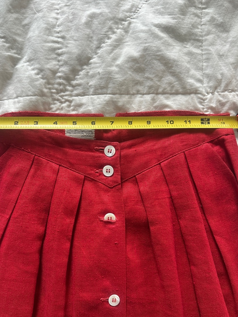 100 % Linen Vintage Liz Claiborne Red Button-Front Princess Pleat A-Line Skirt - Picture 7 of 8